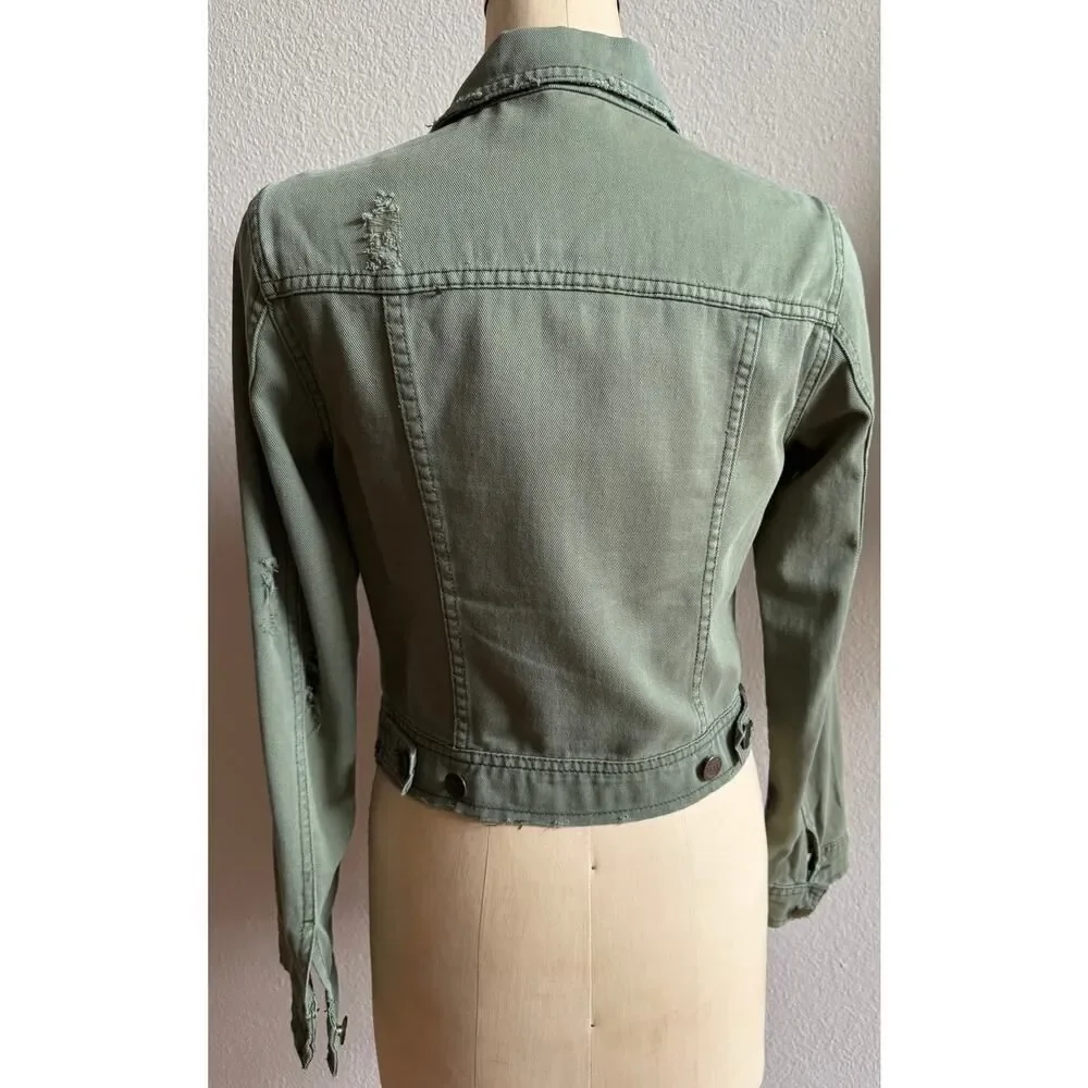 Free People Women's Green Distressed Jean Jacket sz‎ 6 EUC Soft Cotton